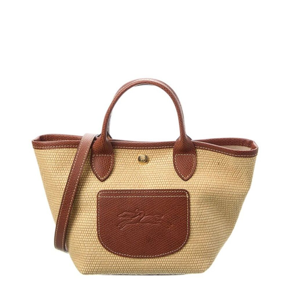 Longchamp Beige Straw Tote with Brown Leather Trim